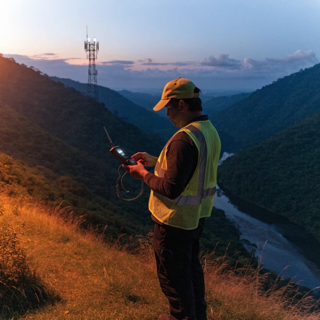 Sitio repetidor con antenas en una loma al atardecer, iluminado por una sola lámpara