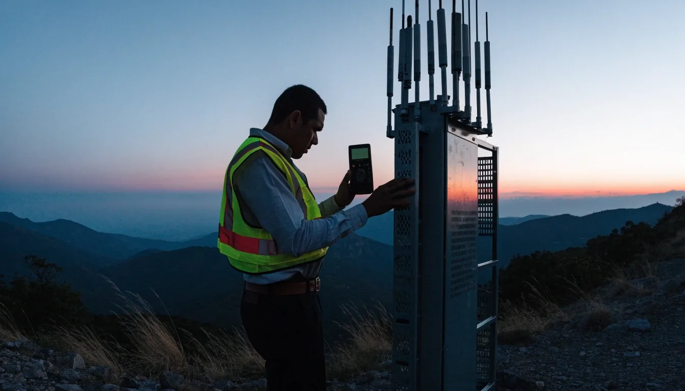Torre repetidora en una loma costarricense al atardecer