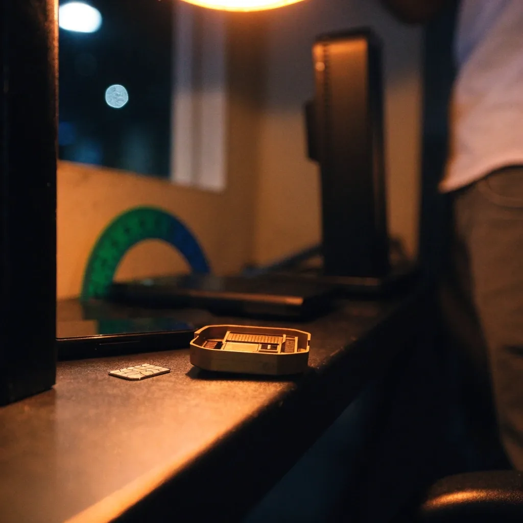 Bandeja SIM y tarjeta sobre una mesa de trabajo bajo una lámpara cálida
