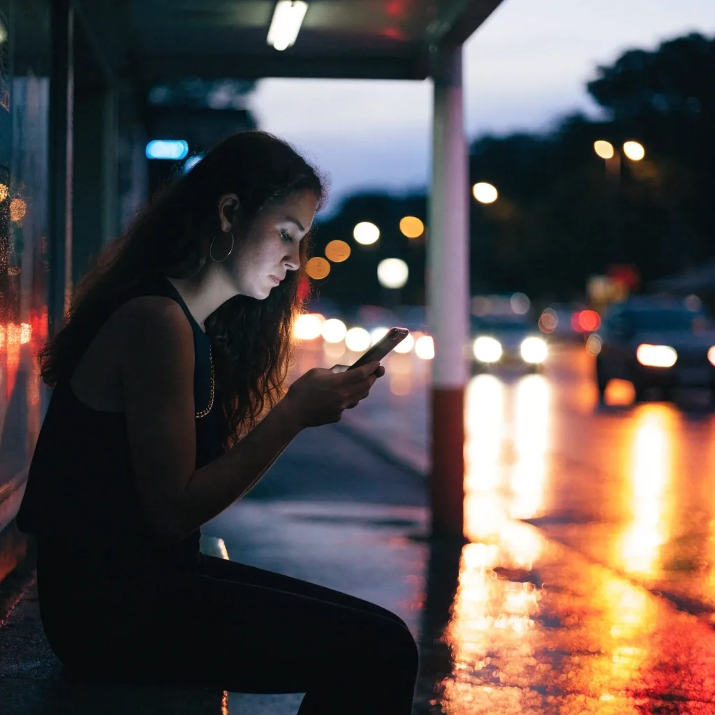 Persona sosteniendo un teléfono en una parada de bus al anochecer, luces desenfocadas detrás