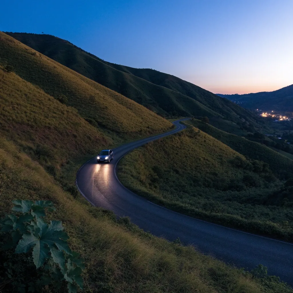 Vista de un valle costarricense al atardecer con luces de ciudad a lo lejos