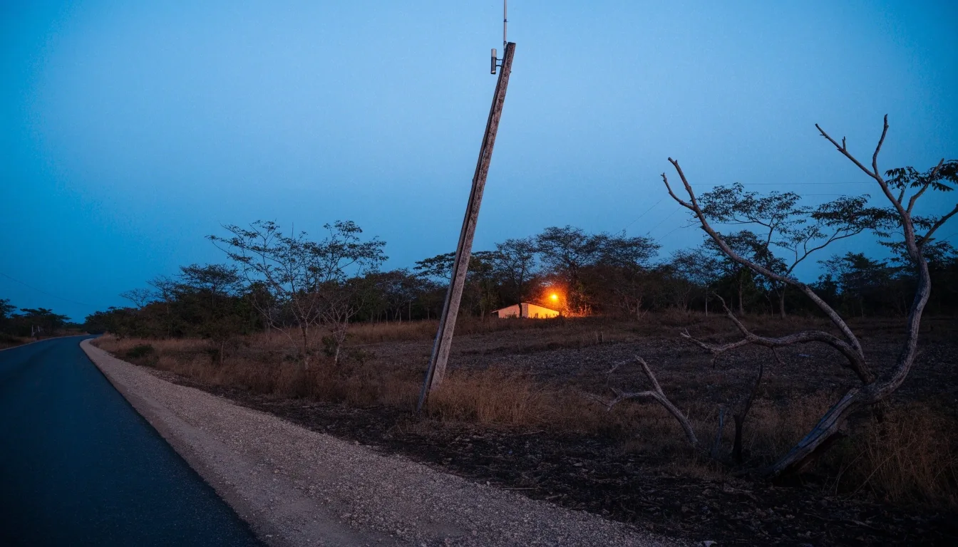 Carretera costera del Pacífico costarricense al anochecer bajo luz de sodio