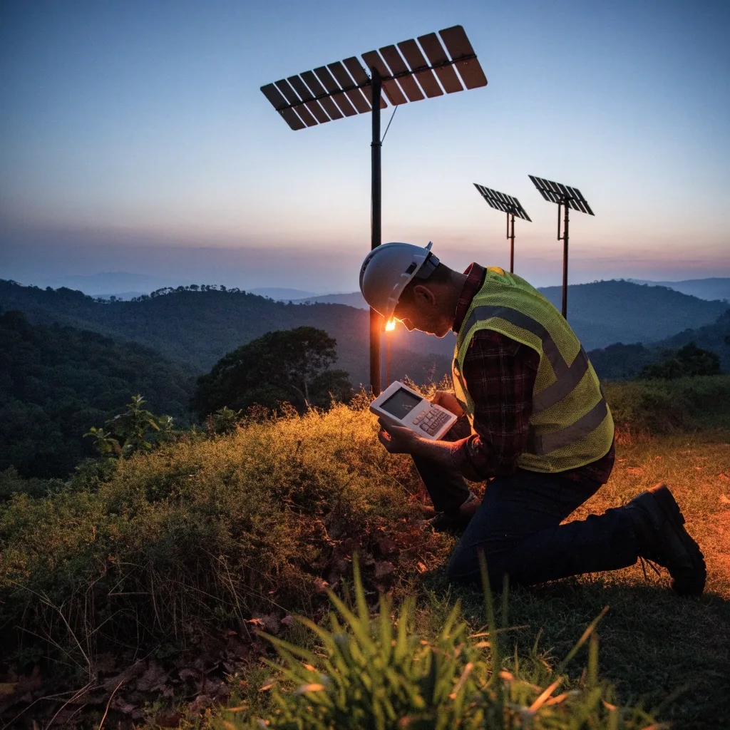 Sitio repetidor en la cordillera costarricense al anochecer, con torre y antenas de panel