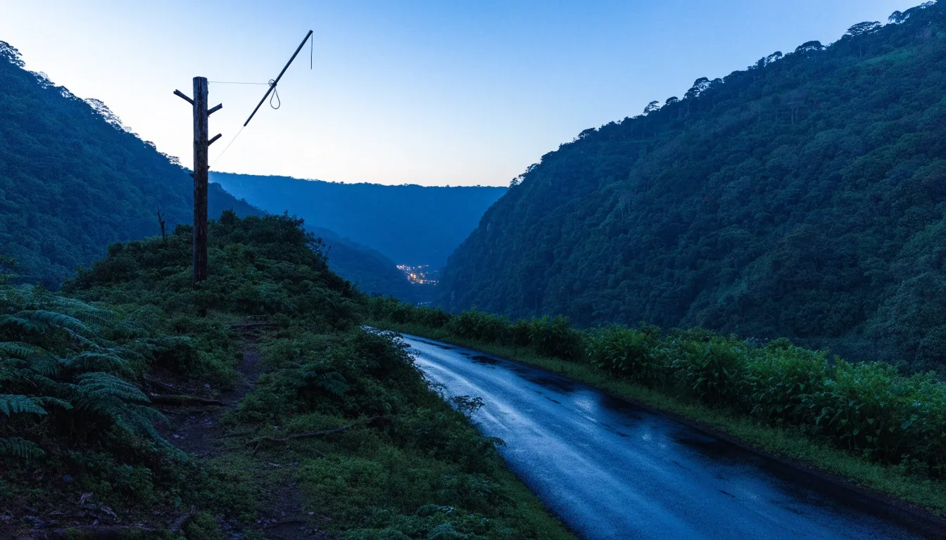 Vista del Valle Central al atardecer desde una carretera de montaña, con luces de la ciudad encendiéndose