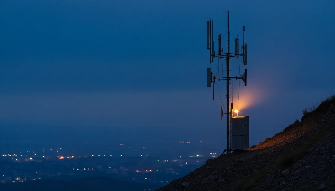 Sitio repetidor en la cordillera costarricense al anochecer, con la torre y su equipo contra el cielo oscuro