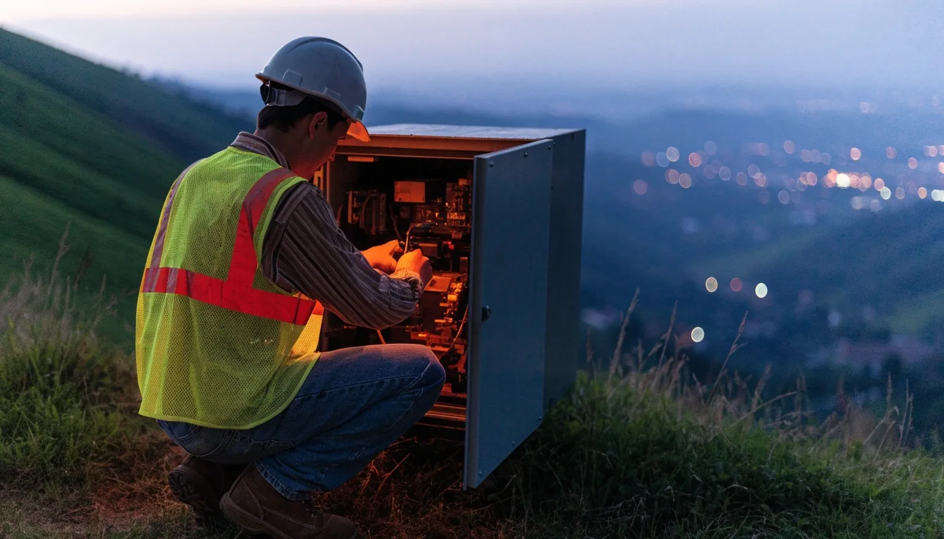 Torre de antenas y gabinete de equipo en un cerro costarricense de noche, iluminados por una luz cálida