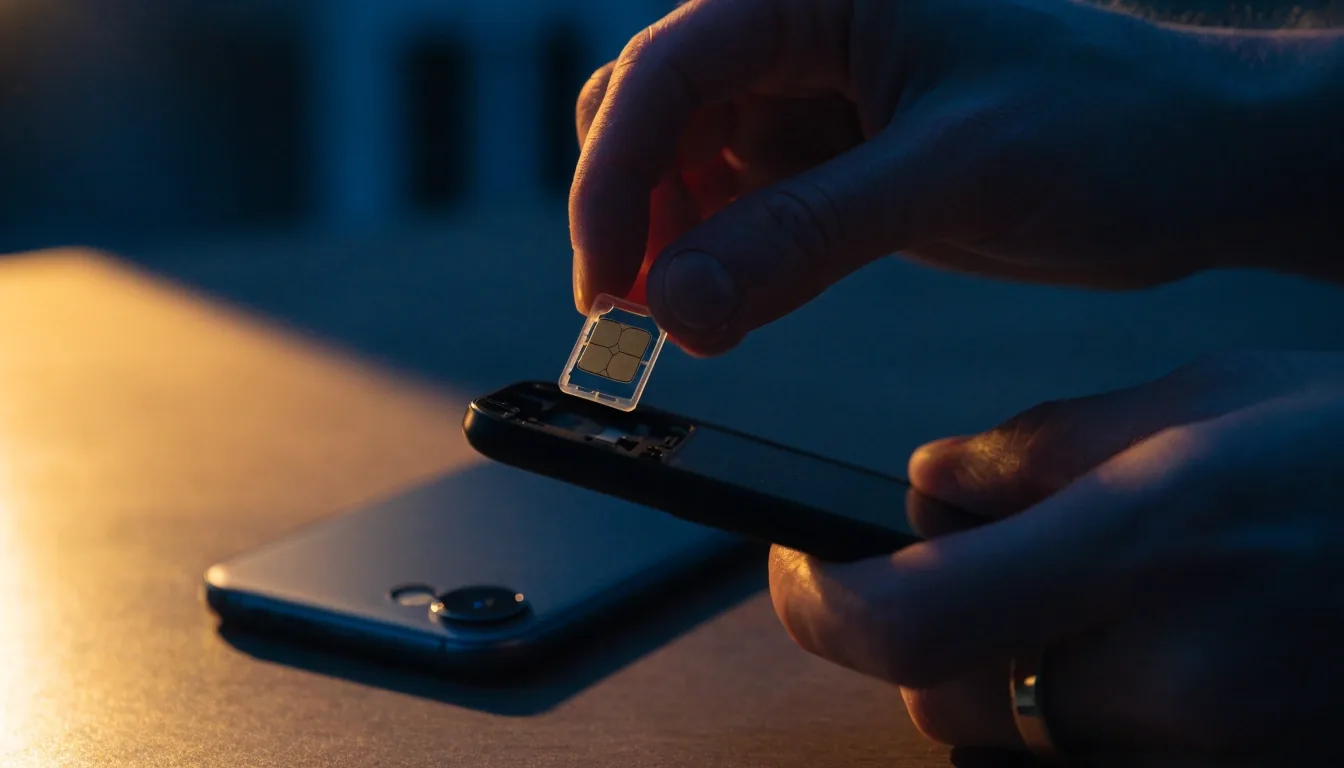 Bandeja de SIM extraída de un teléfono sobre una mesa mate bajo luz cálida de lámpara