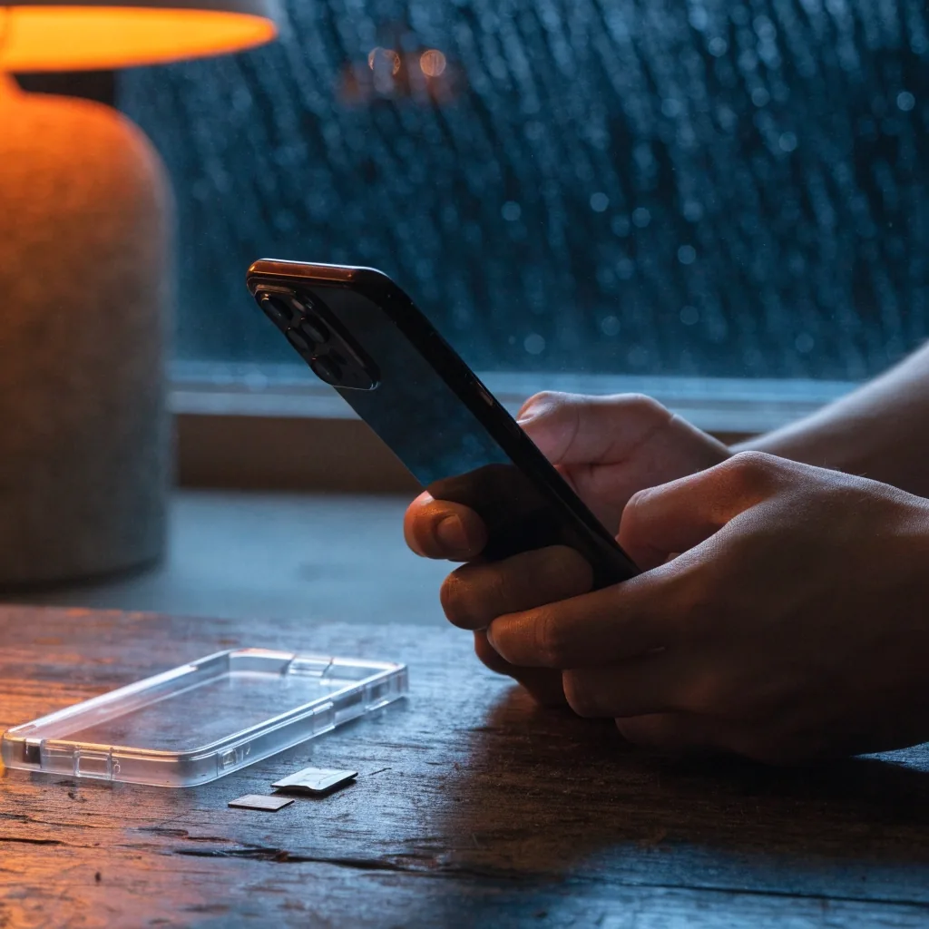 Manos sosteniendo un teléfono desbloqueado junto a una bandeja de SIM vacía sobre una mesa