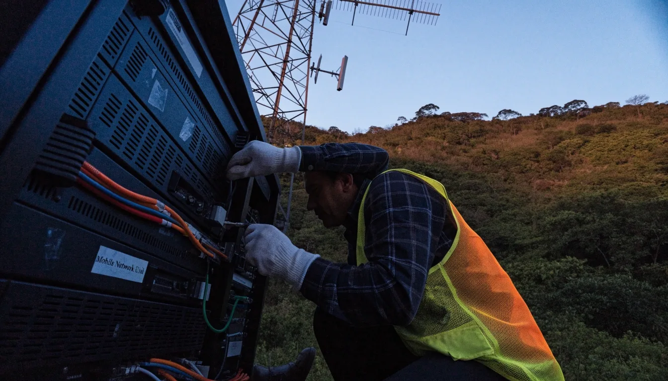 Torre repetidora y rack de equipos en una loma de la cordillera costarricense al anochecer