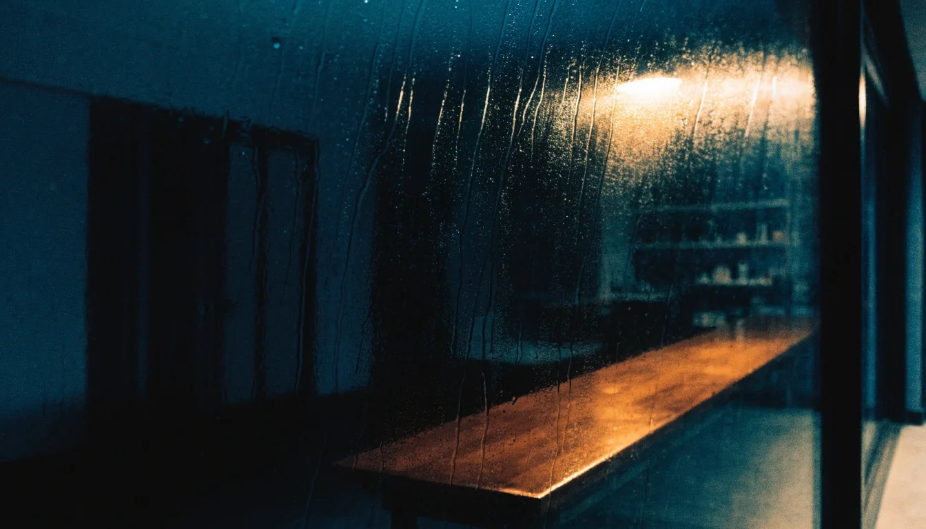 Lluvia sobre el vidrio de un local en San José, luz cálida de una sola lámpara y sombras profundas