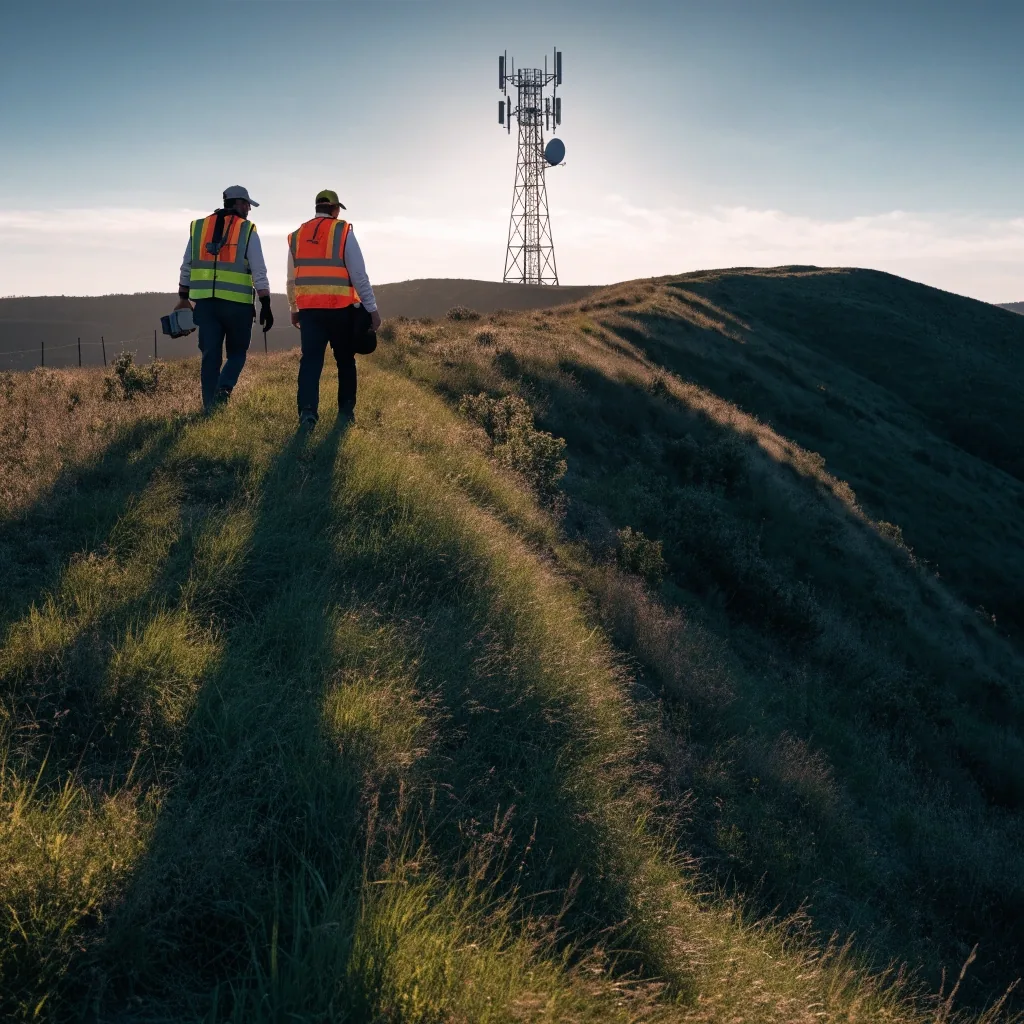 Técnico revisando un sitio repetidor en la ladera al atardecer, luces cálidas y sombras profundas